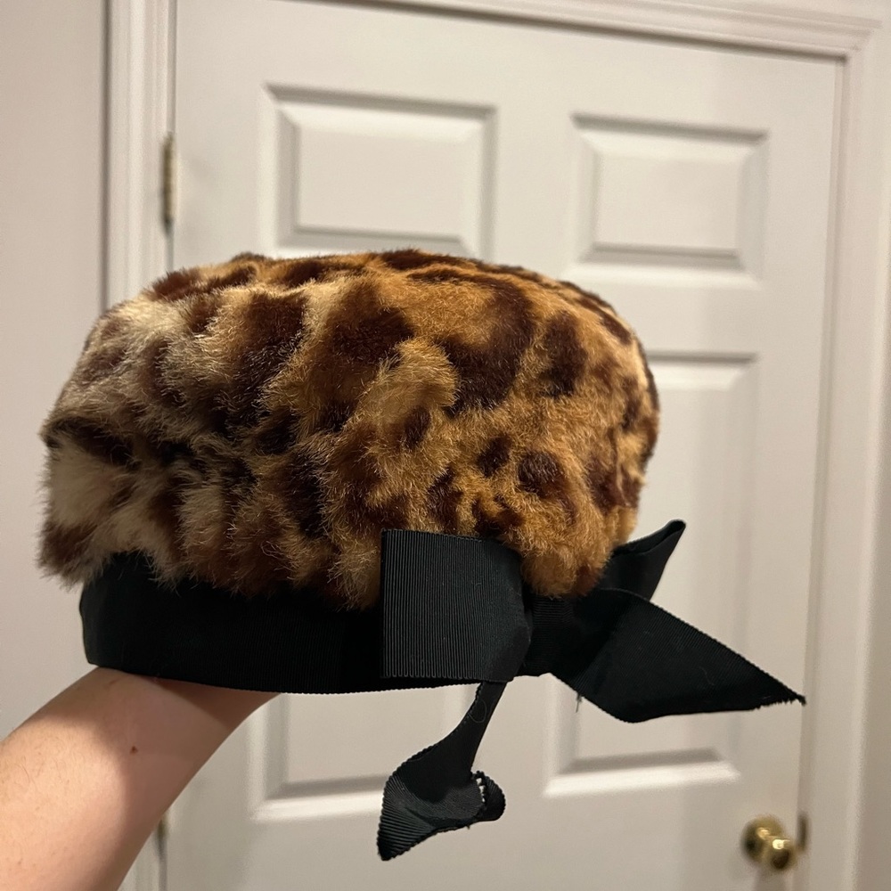Macy's Faux Fur Leopard Print Pillbox Hat with Black Bow